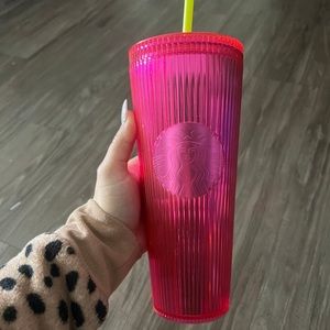 Hot pink with yellow straw